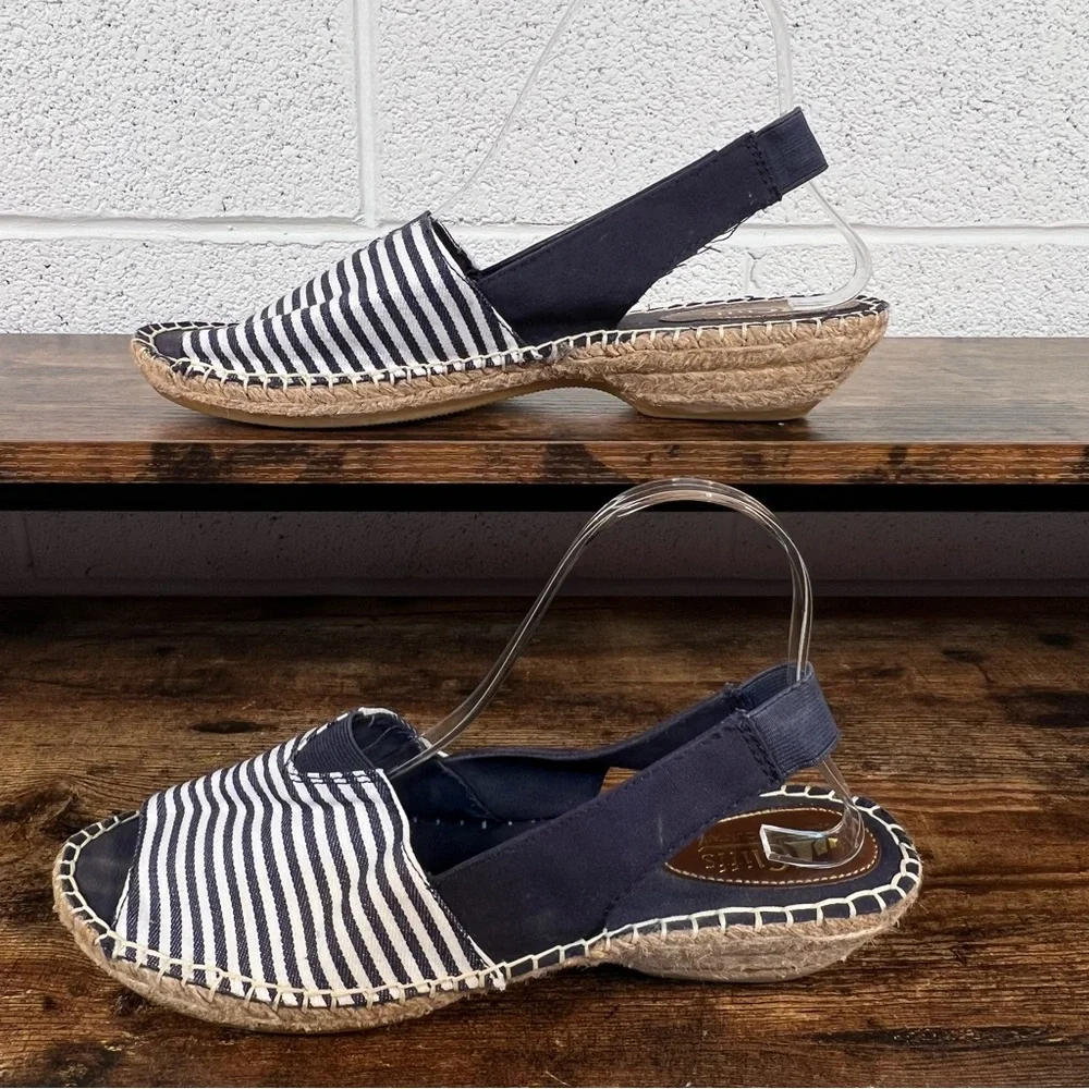 Cliffs‎ Espadrille Sandal Chyme Wedge Peep Toe Navy Blue Striped Sling Back 10